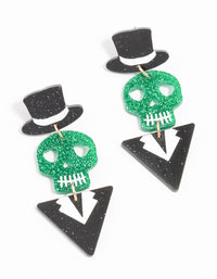 Acrylic Black & Green Glitter Skull Suit Drop Earrings - link has visual effect only