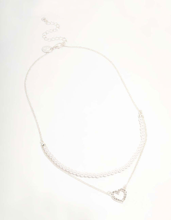 Silver Pearl & Diamante Heart Layered Necklace