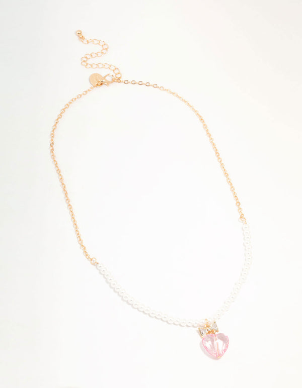Gold Pearl & Pink Faceted Bead Heart Necklace