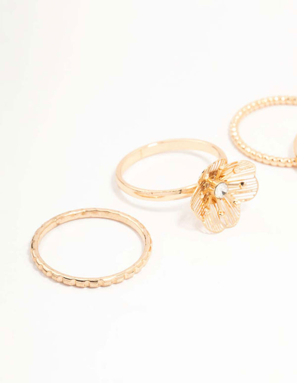 Gold Diamante Wire Flower Rings 4-Pack