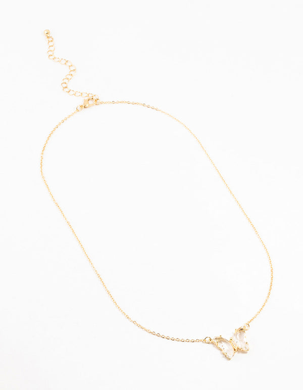 Gold Plated Clear Diamante Butterfly Necklace