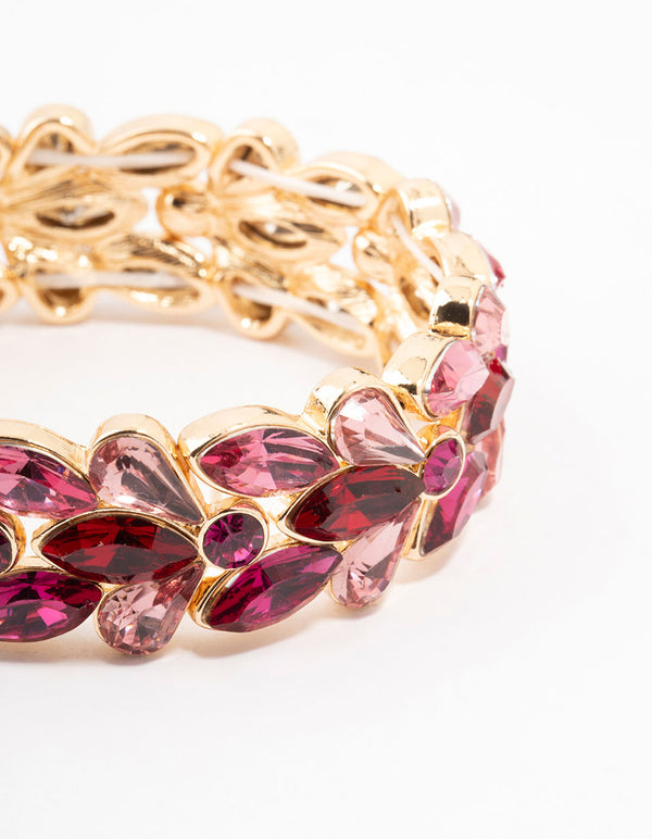 Gold Pink & Red Stone Set Stretch Bracelet