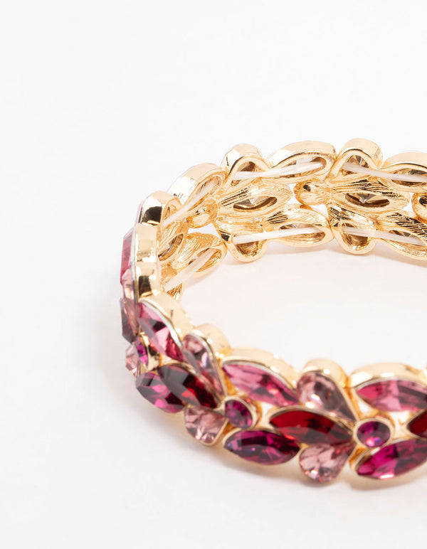 Gold Pink & Red Stone Set Stretch Bracelet