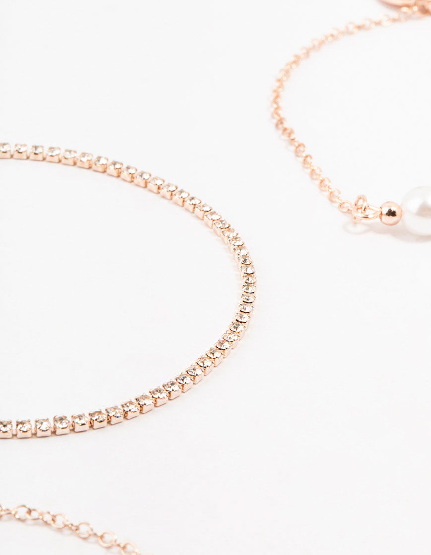 Rose Gold Pearl & Diamante Chain Bracelets 4-Pack