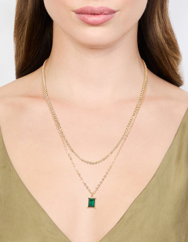 Gold & Green Diamante Layered Chain Necklace