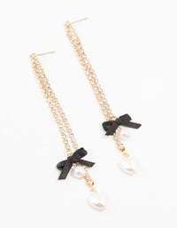 Gold Cup Chain Heart Black Bow Drop Earrings - link has visual effect only