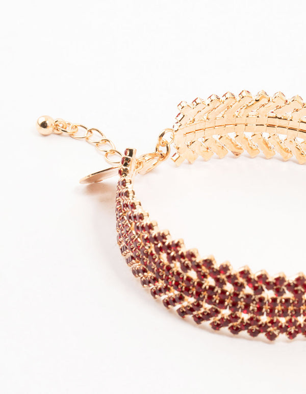Gold & Red  Spikey 4 Row Diamante Wrist Cuff