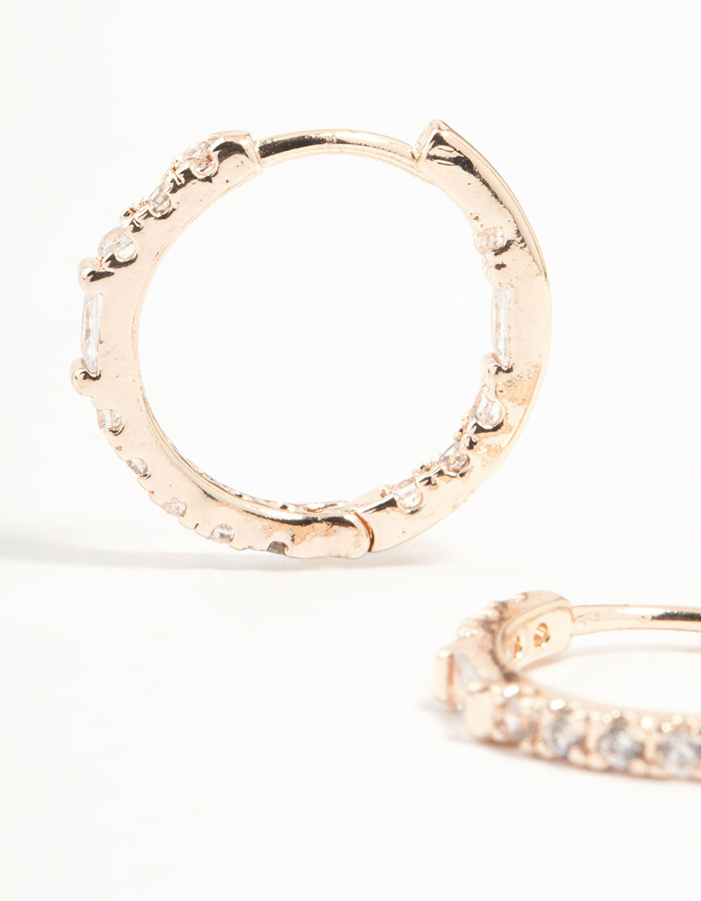 Rose Gold Plated Baguette Pave Diamante Hoop Earrings