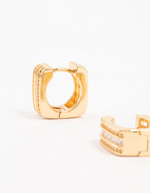 Gold Plated Trio Pave Set Diamante  Square Hoop Earrings