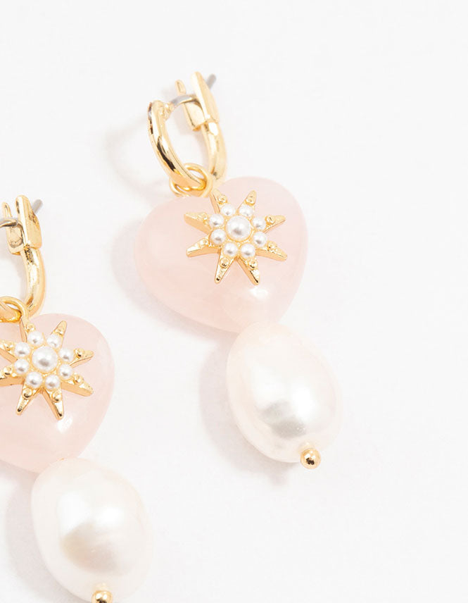 Gold Plated Semiprecious Rose Quartz Heart & Pearl Earrings