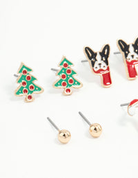 Kids French Bulldog & Candy Cane Gold Stud Earrings 6-Pack - link has visual effect only