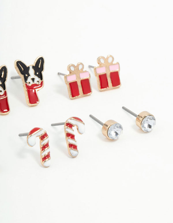 Kids French Bulldog & Candy Cane Gold Stud Earrings 6-Pack