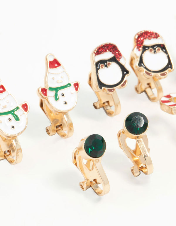 Kids Penguin & Candy Cane Clip On Gold Earrings 5-Pack