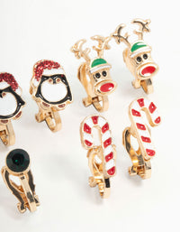 Kids Penguin & Candy Cane Clip On Gold Earrings 5-Pack - link has visual effect only
