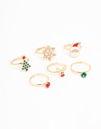 Kids Christmas Tree & Reindeer Silver Rings 6-Pack - link has visual effect only