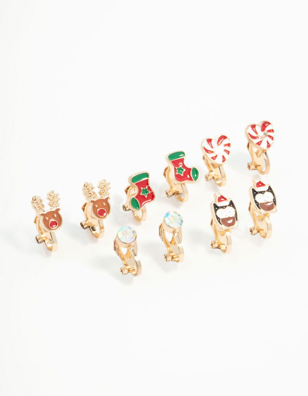 Kids Gold Festive Stacking Clip Earrings 5-Pack