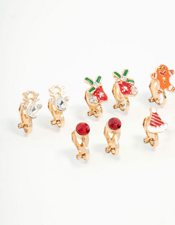 Kids Gold Gingerbread Man & Santa Hat Clip On Earrings 5-Pack
