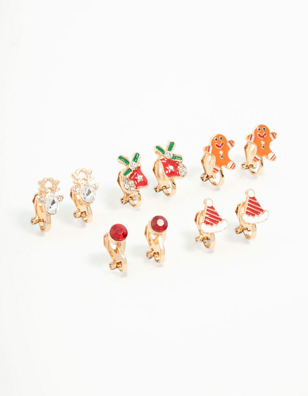Kids Gold Gingerbread Man & Santa Hat Clip On Earrings 5-Pack