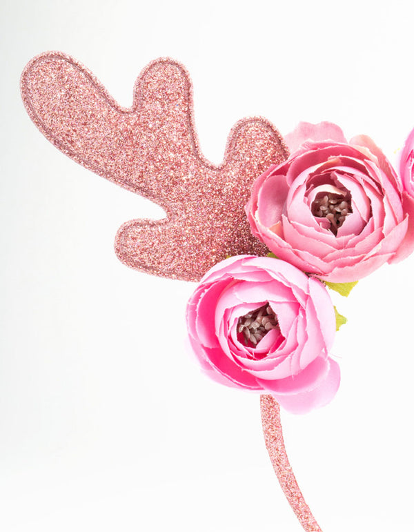 Kids Pink Glittery Fabric Flower Antler Headband