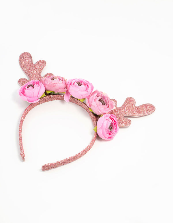 Kids Pink Glittery Fabric Flower Antler Headband