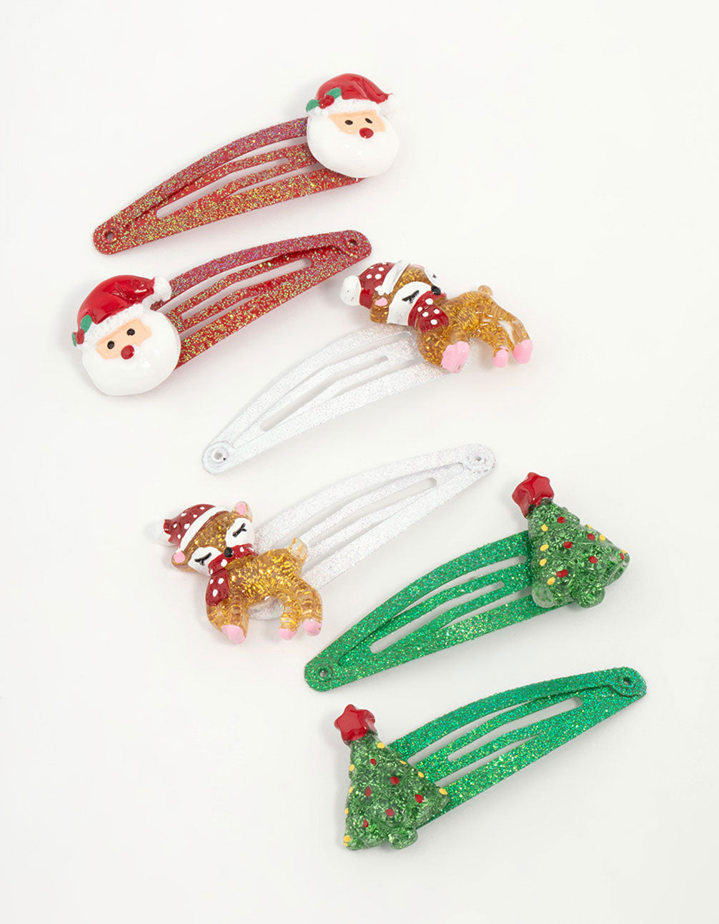 Kids Santa & Reindeer Glitter Snap Clips 6-Pack