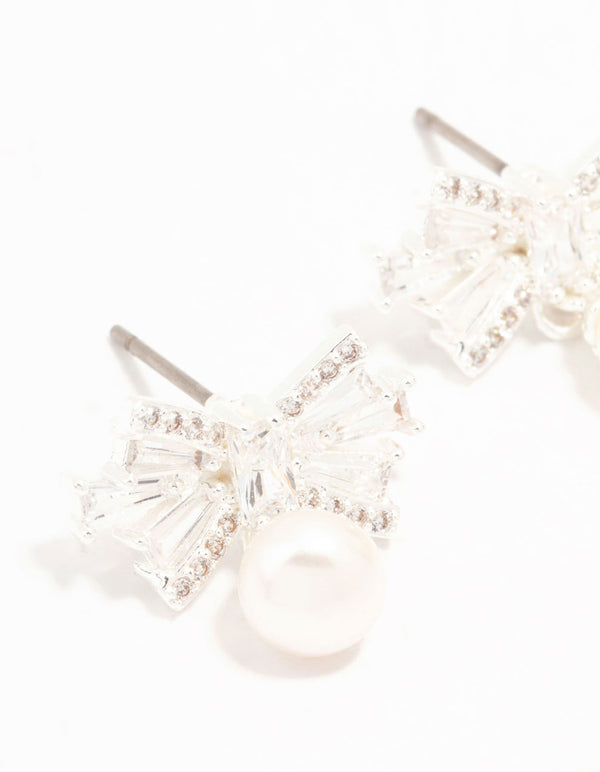 Silver Plated Baguette Cut Cubic Zirconia Bow & Freshwater Pearl Drop Earrings