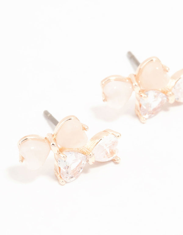 Rose Gold Plated Double Pink & Cubic Zirconia Bow Stud Earrings