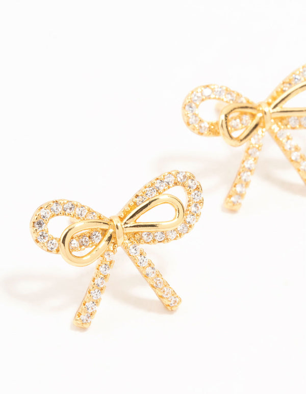 Real Gold Plated Pave Set Cubic Zirconia Halo Bow Stud Earrings