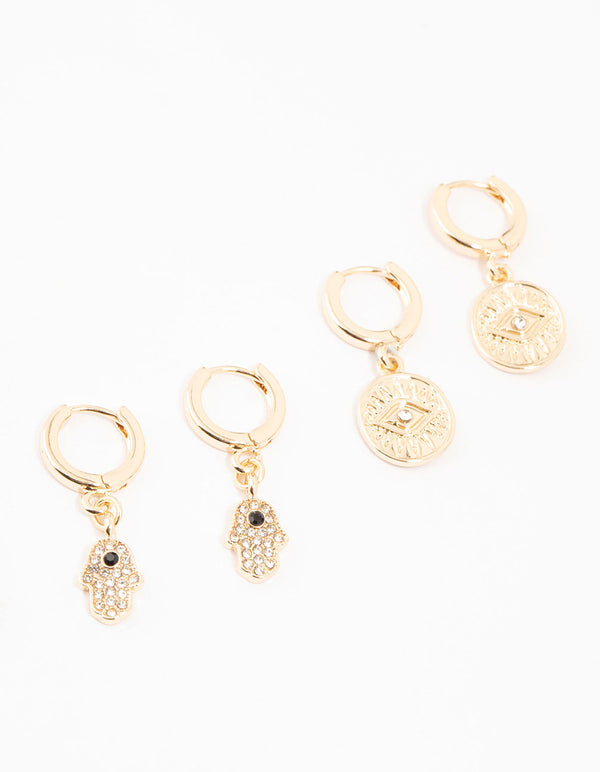 Gold Evil Eye & Hamsa Hand Earrings 4-Pack