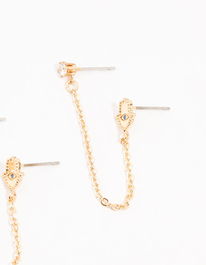 Gold Evil Eye & Hamsa Hand Chain Earrings 3-Pack