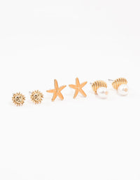 Gold Starfish, Shell & Sun Earrings 3-Pack - link has visual effect only