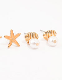 Gold Starfish, Shell & Sun Earrings 3-Pack - link has visual effect only
