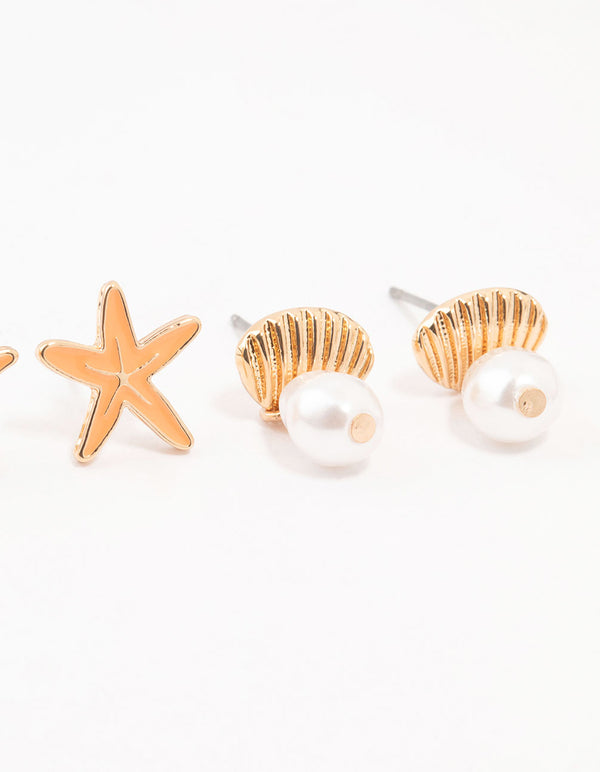 Gold Starfish, Shell & Sun Earrings 3-Pack