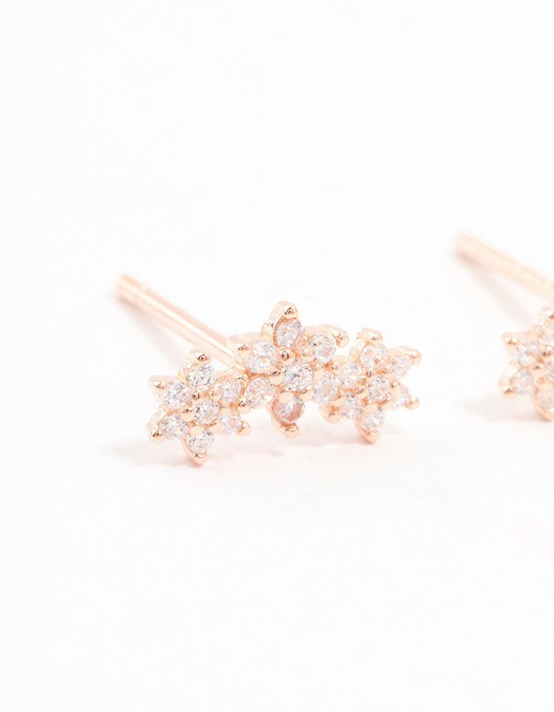 Gold Plated Sterling Silver Cubic Zirconia Flower Trio Stud Earrings