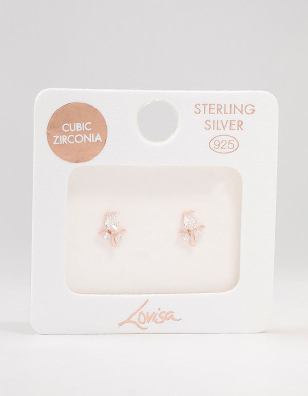 Rose Gold Plated Sterling Silver Cubic Zirconia Flower Stem Stud Earrings