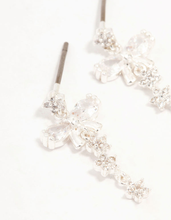 Silver Plated Cubic Zirconia Bow & Mini Flower Drop Earrings