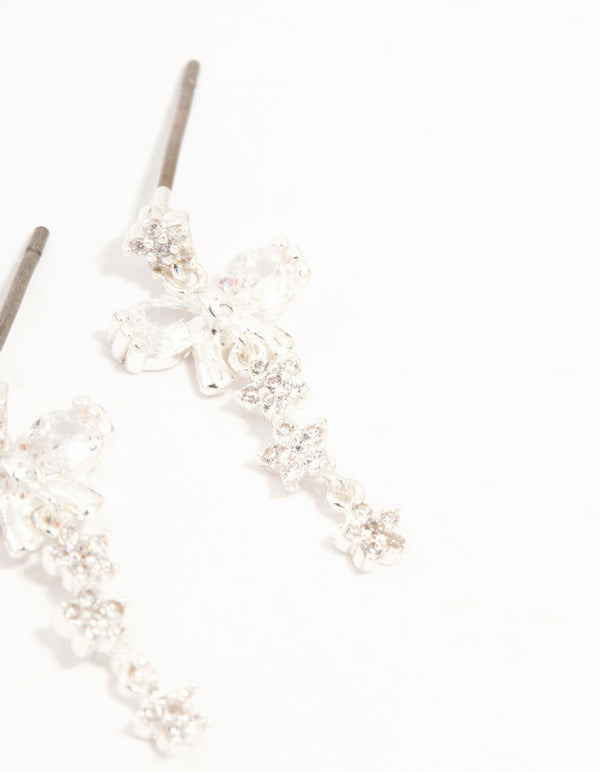Silver Plated Cubic Zirconia Bow & Mini Flower Drop Earrings