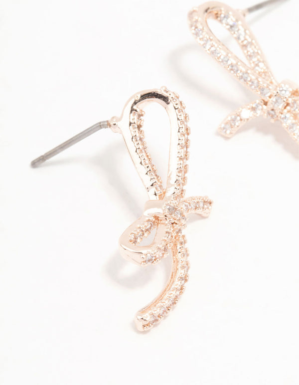 Rose Gold Plated Pave Set Cubic Zirconia Skinny Bow Stud Earrings