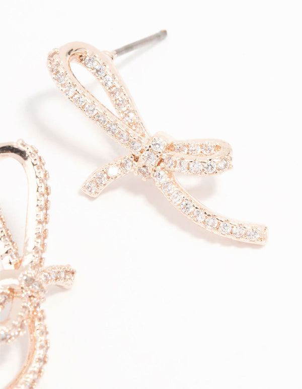 Rose Gold Plated Pave Set Cubic Zirconia Skinny Bow Stud Earrings