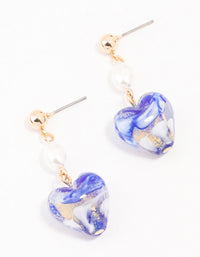 Gold Blue Swirl Heart Drop Earrings - link has visual effect only