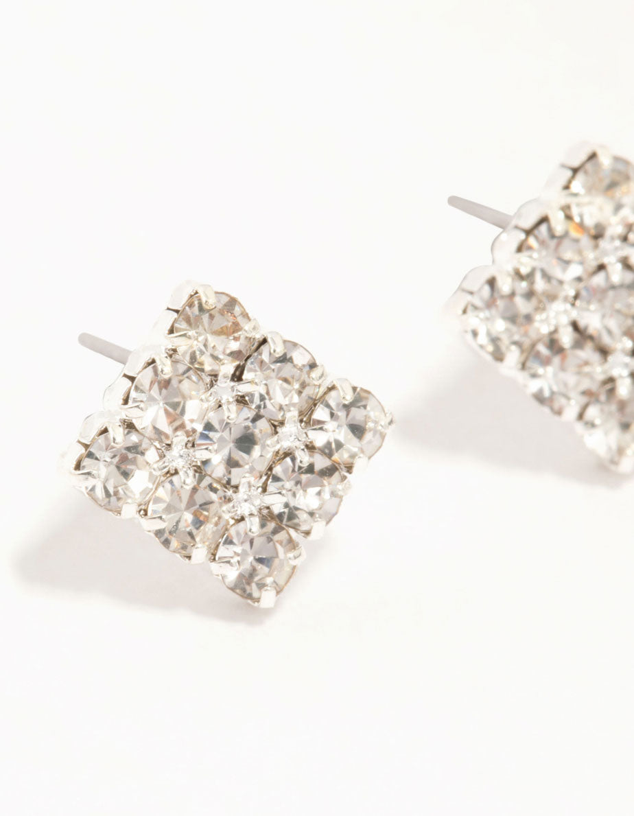 Silver Diamante Square Cup Chain Stud Earrings 2-Pack