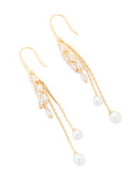 Stunning gold plated cubic zirconia pearl and leaf drop hook earrings accents front view - link has visual effect only