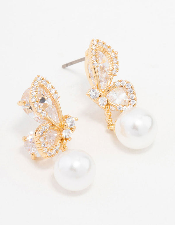 Gold Plated Cubic Zirconia Butterfly Pearl Drop Earrings