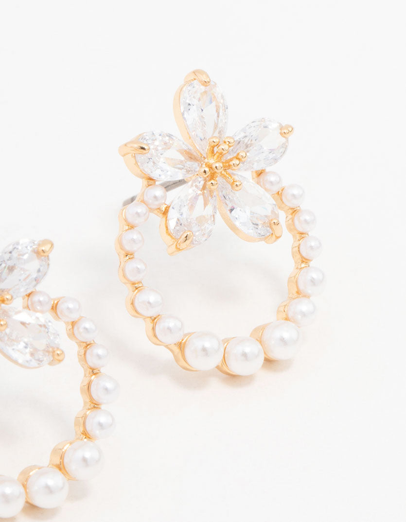 Gold Pearl Wreath Cubic Zirconia Flower Earrings