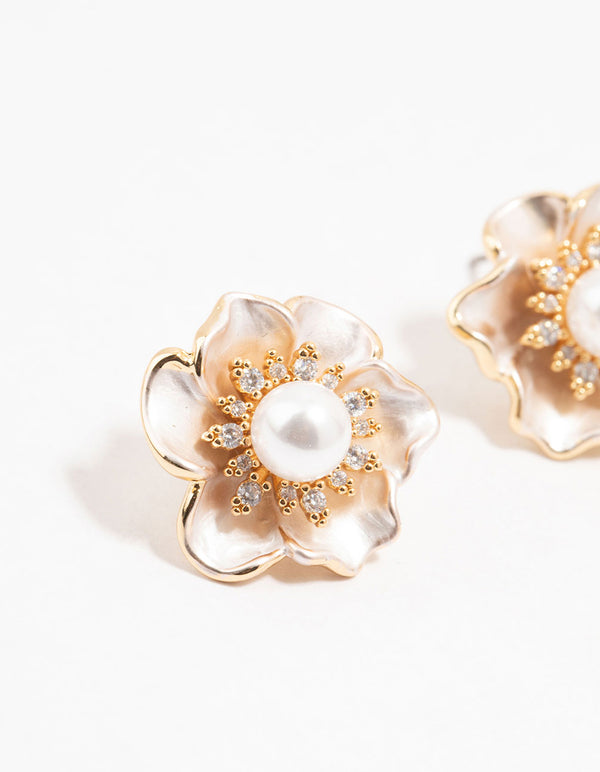Real Gold Plated Cubic Zirconia Pearlised Pearl Peony Earrings