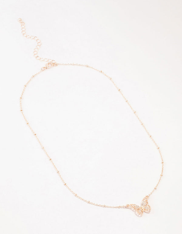 Rose Gold Plated Diamante Filigree Butterfly Necklace