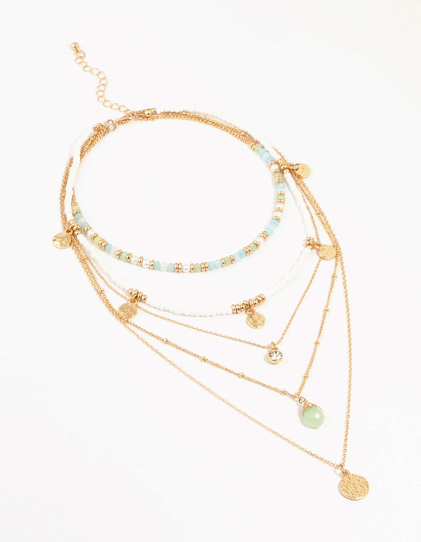 Gold Layered Blue, Green & White Disc Necklace
