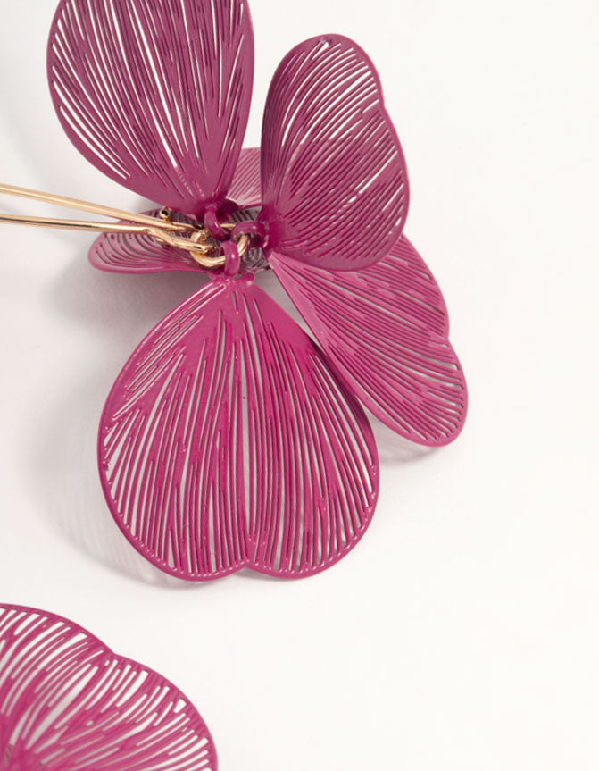 Pink Coated Metal Lasercut Petal Drop Earrings