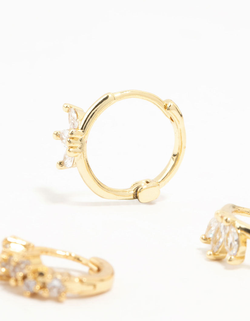 Gold Plated Brass Cubic Zirconia Leaf Hoop & Crawler Earrings 3-Pack
