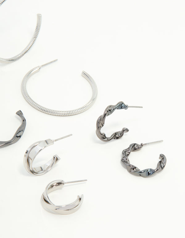 Mixed Shade Silver Twisted & Sleek Hoop Earrings 6-Pack
